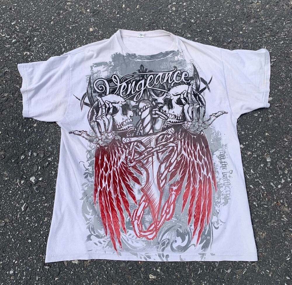 Vengeance Shirt Mens XL Gray Skull Cyber Grunge Tech Graphic Tee Distressed Fade